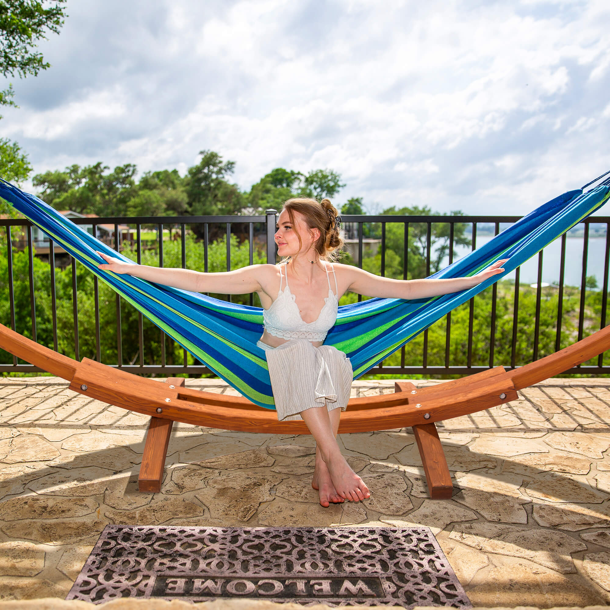 hammock with wood stand#color_blue-stripes