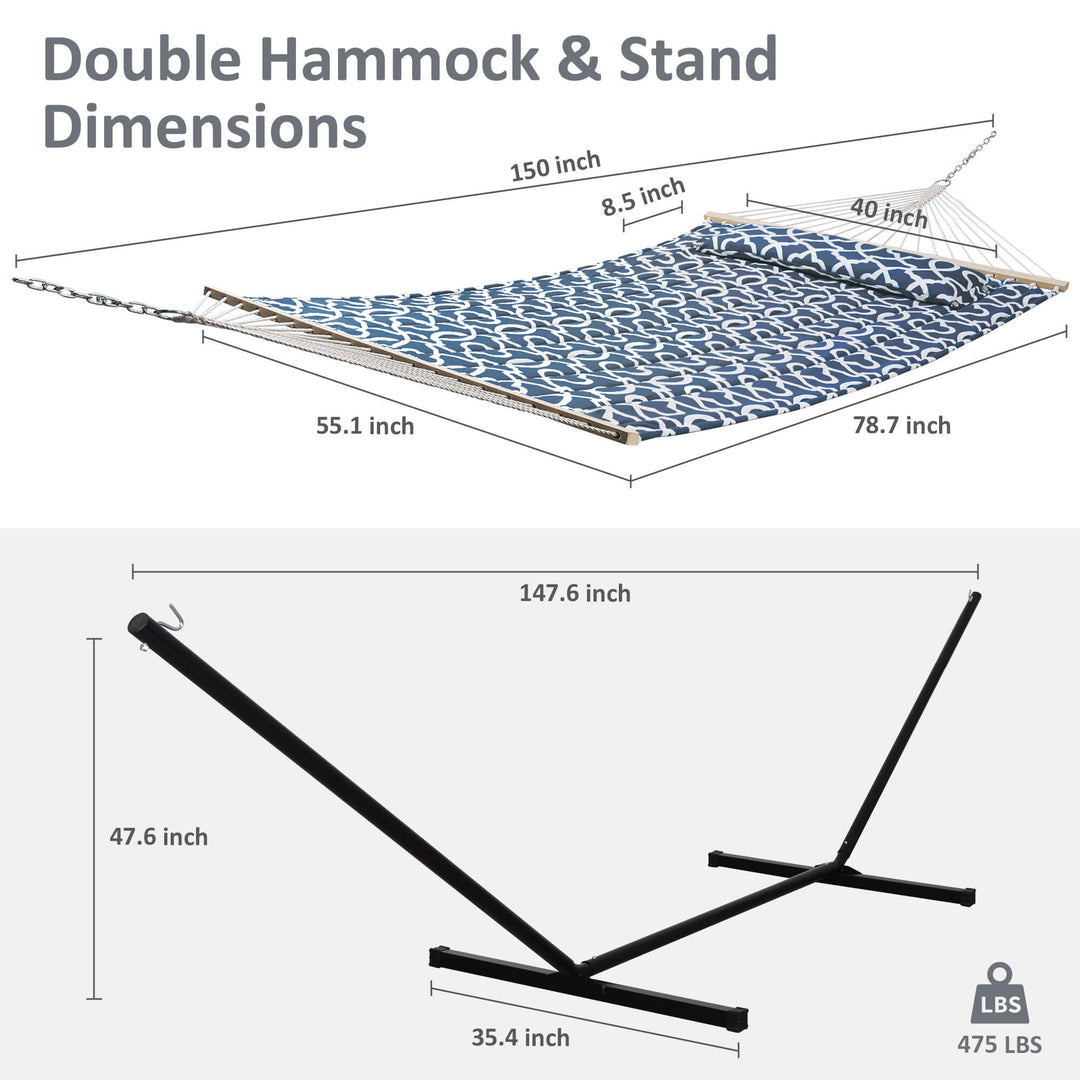 Large Double Quilted Fabric Hammock with 12 Ft & 15 Ft Stand, Bars and Pillow |SUNCREAT