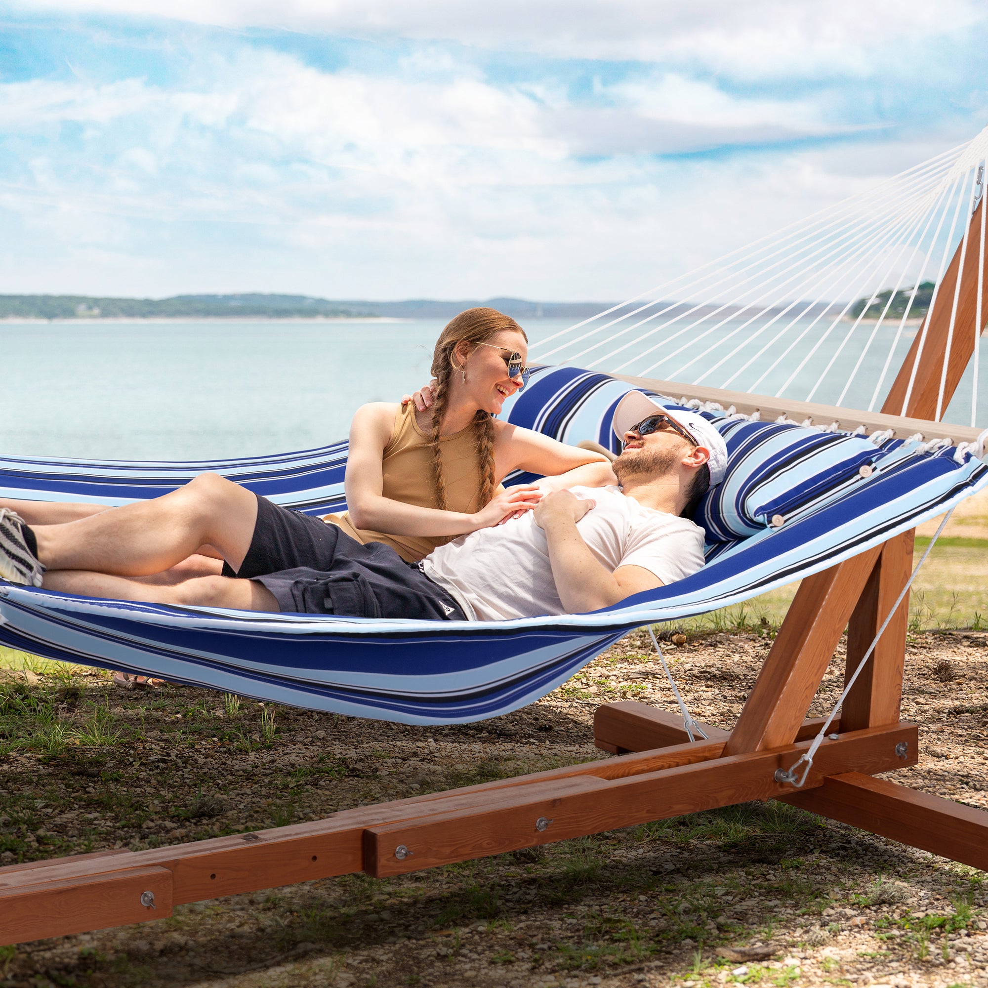 hammock with wood stand#color_blue-stripes