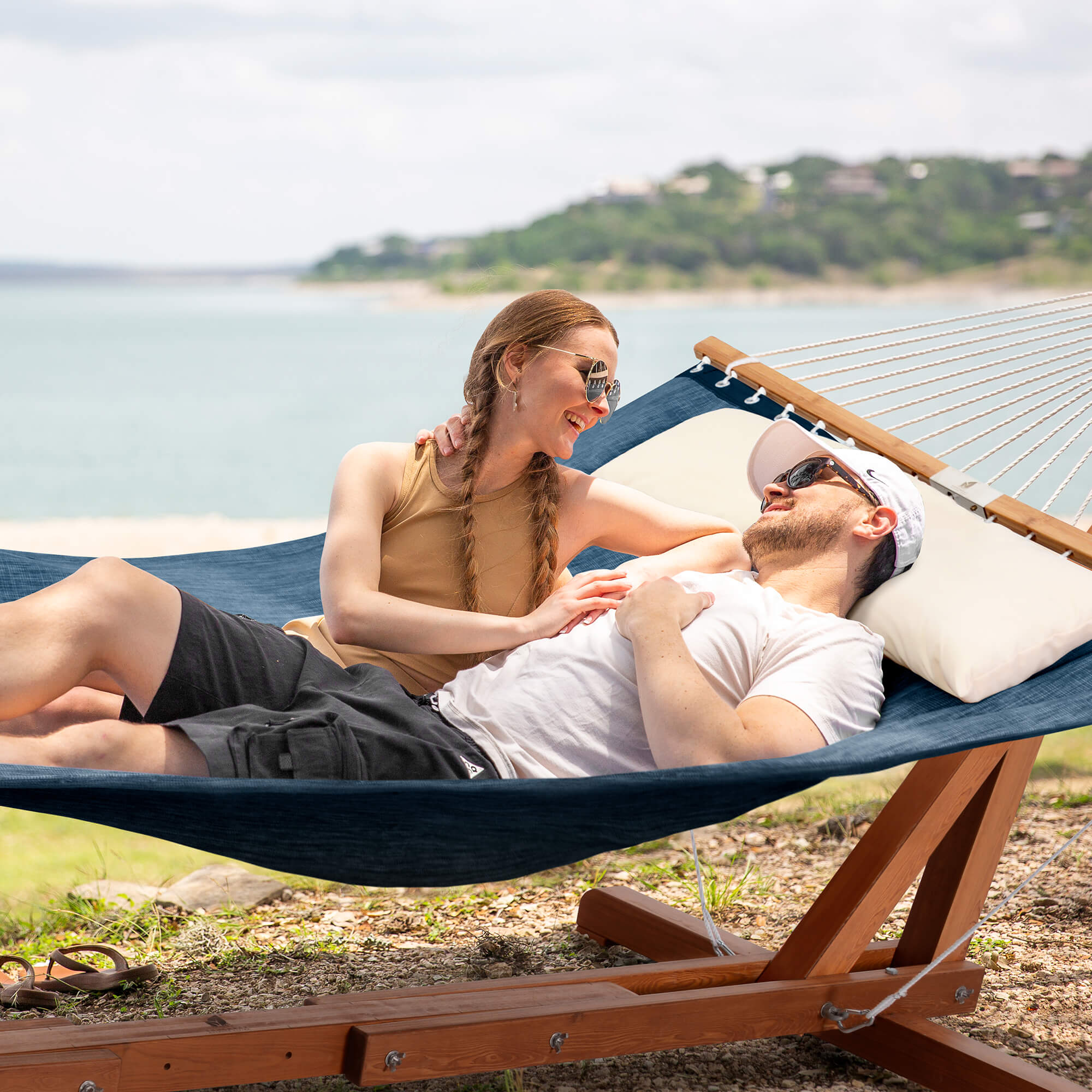 quick dry hammock with wood stand#color_navy