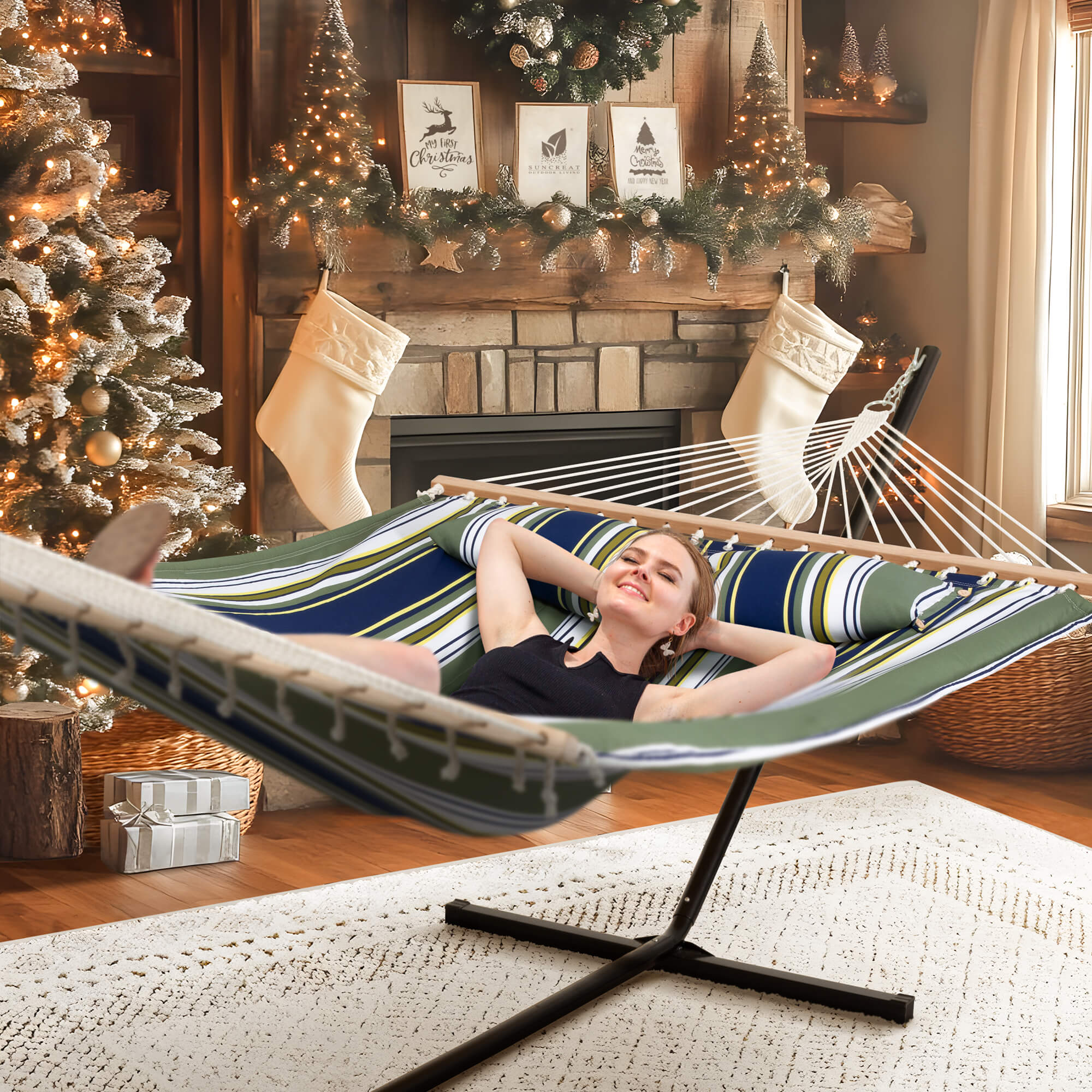 SUNCREAT-Double-Hammock-with-Stand-Green-Stripes#color_green-stripes