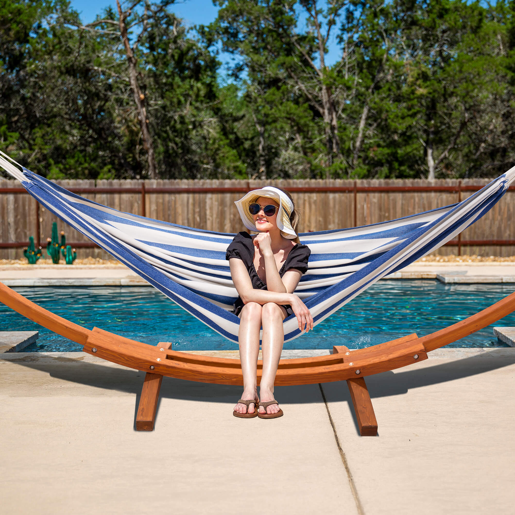 hammock with wood stand#color_blue-white-stripes