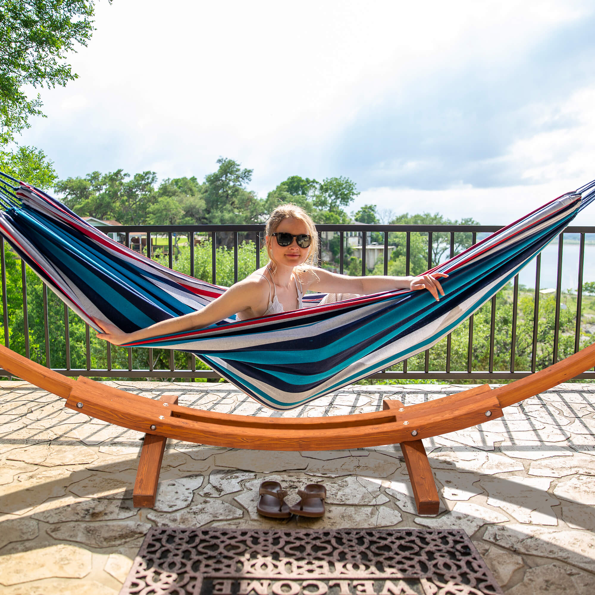 hammock with wood stand#color_ocean-stripes