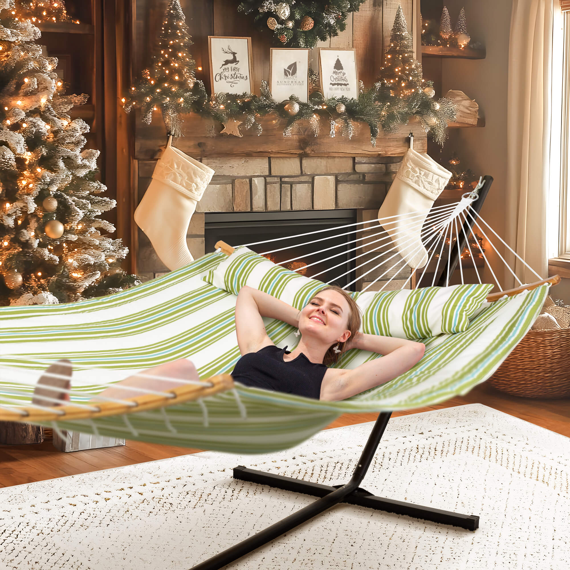 SUNCREAT-Double-Quilted-Hammock-with-Stand-Light-Green-Stripes#color_light-green-stripes