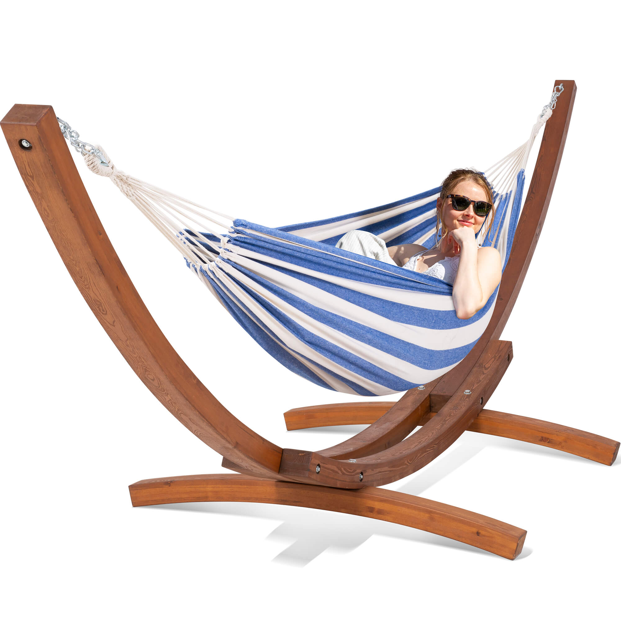 hammock with wood stand#color_blue-white-stripes