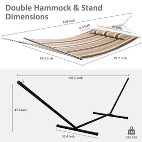 Large Double Quilted Fabric Hammock with 12 Ft Stand, Bars and Pillow |SUNCREAT