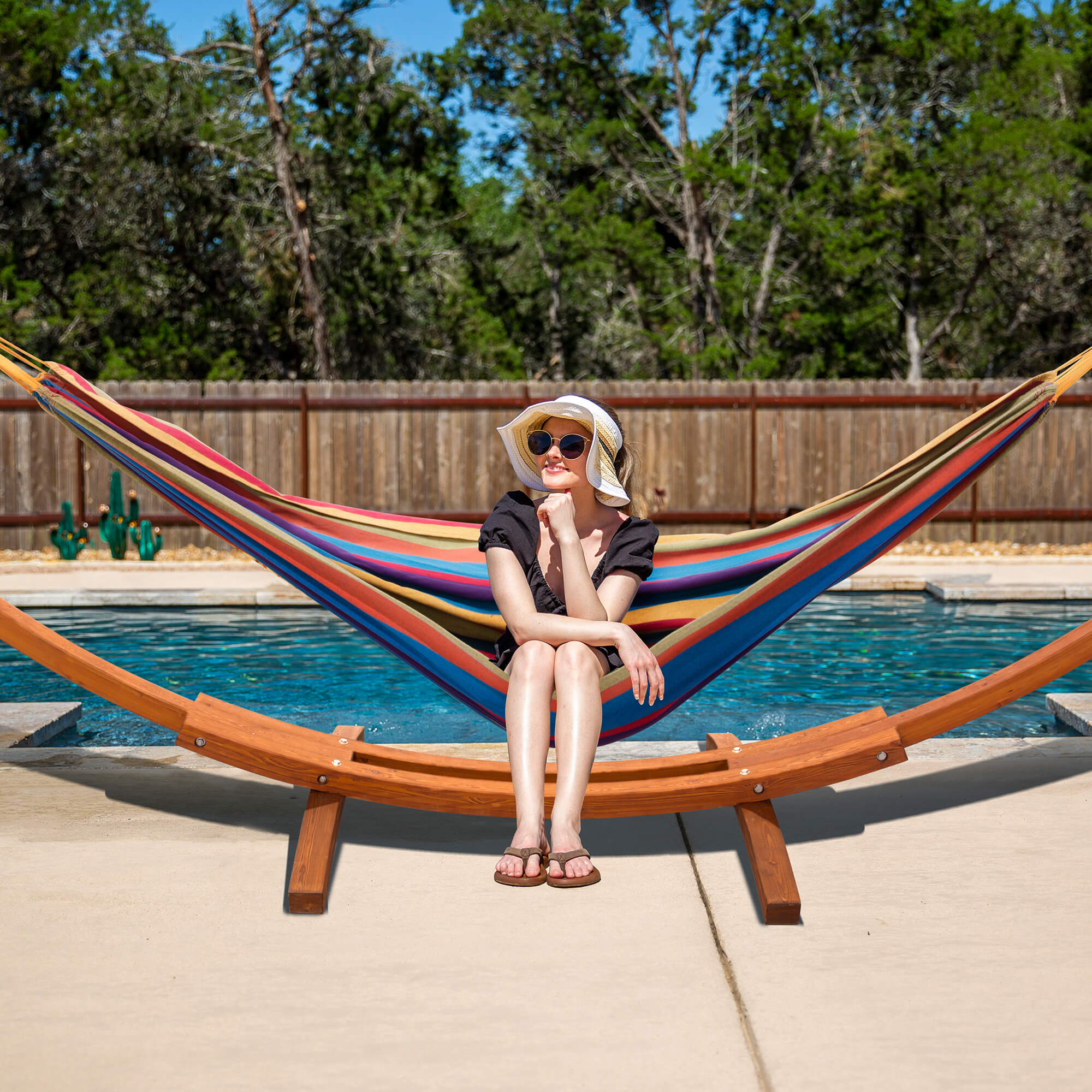 hammock with wood stand#color_rainbow-stripes