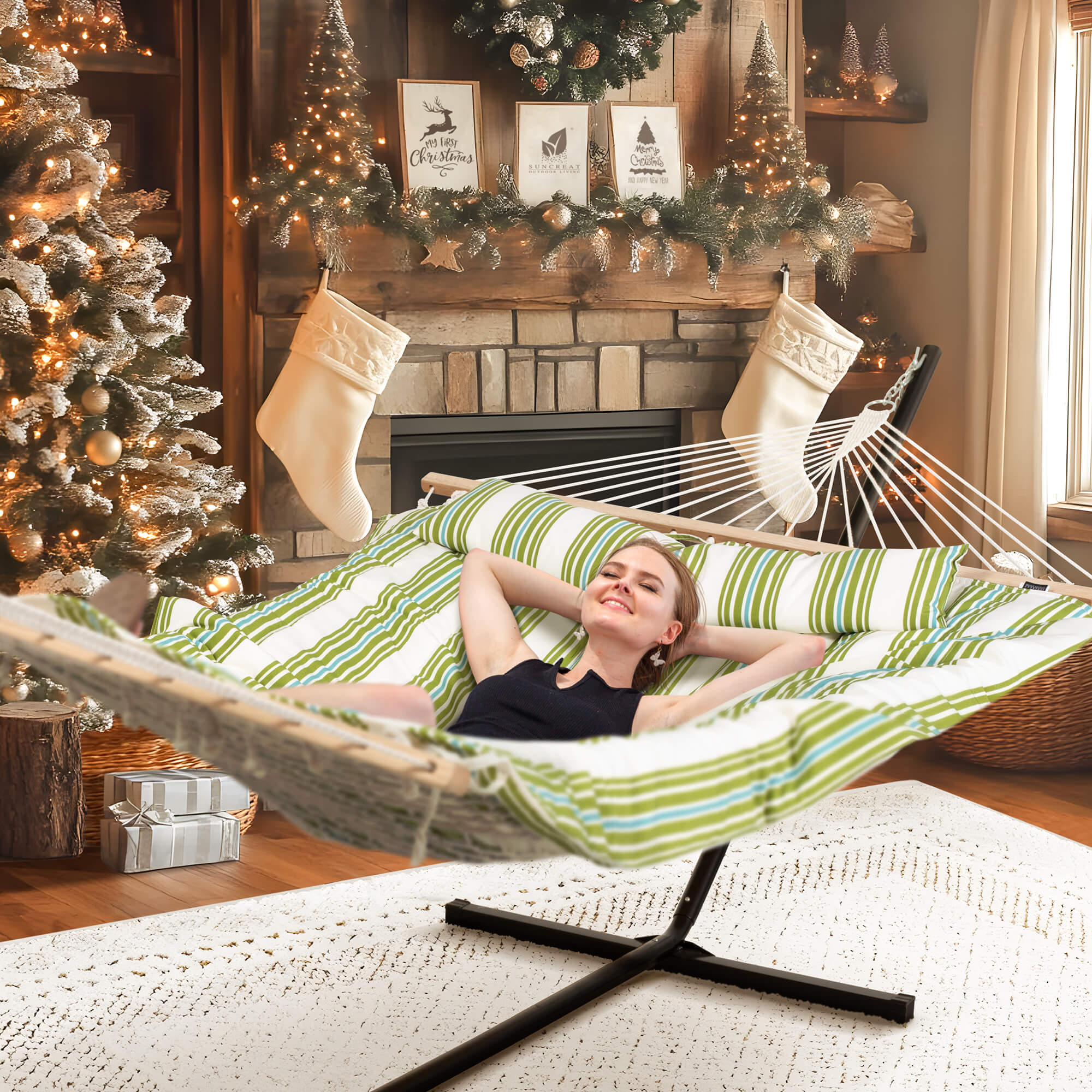 SUNCREAT-Cotton-Rope-Hammock-Green-Beige#color_green-beige