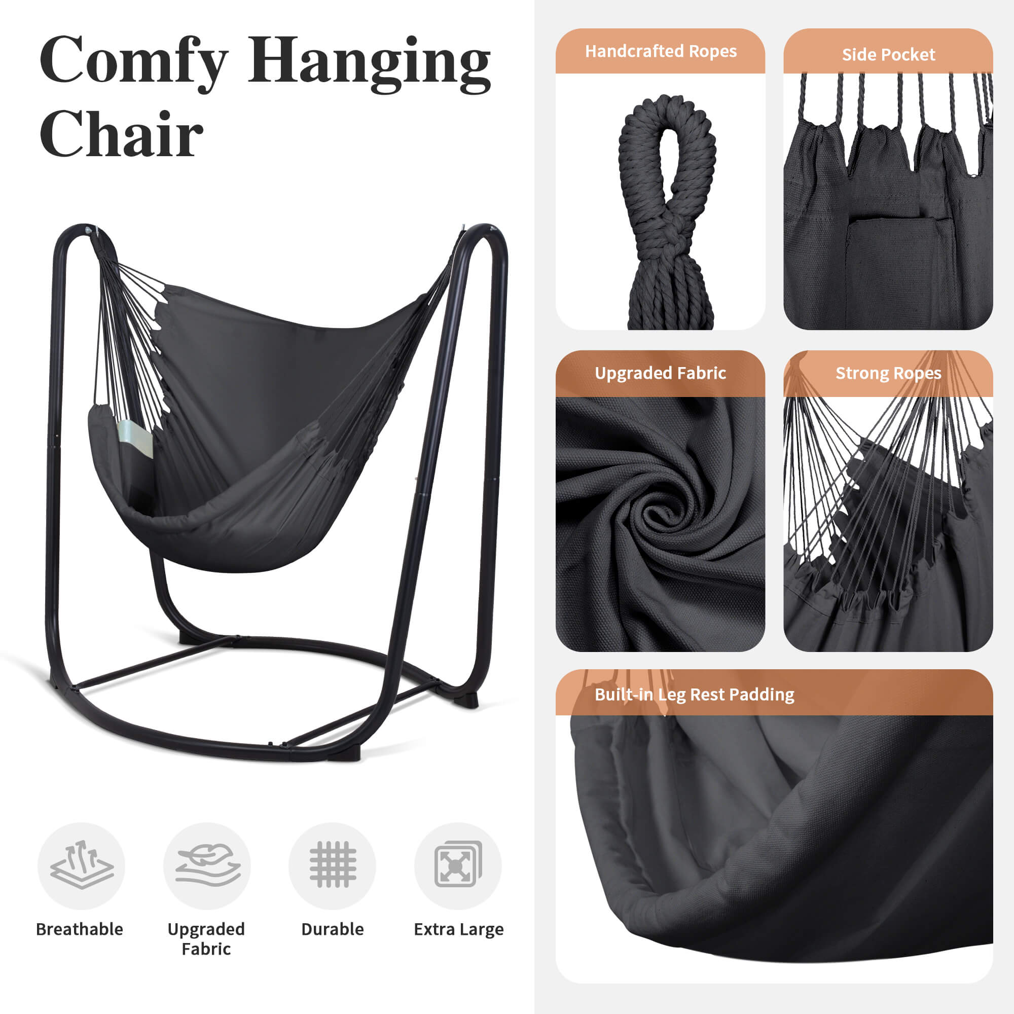 suncreat hanging swing chair with stand#color_gray